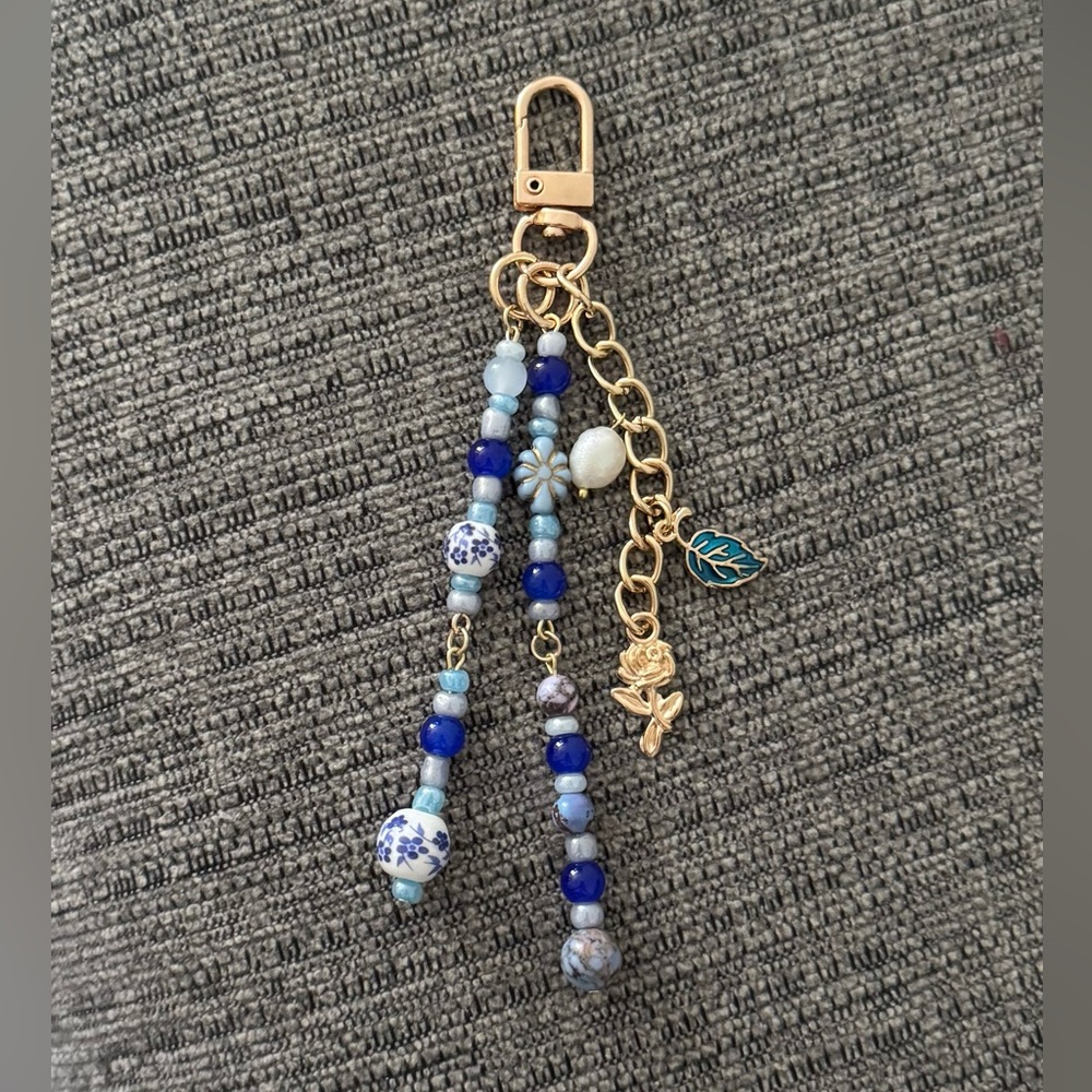 Royal Roses Navy Blue and Gold Designer Inspired Bag Charm Keychain with Pearl
